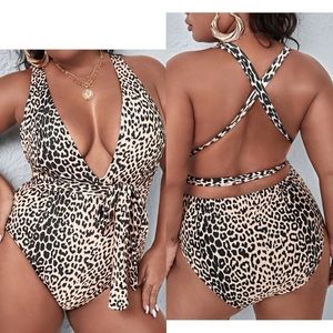 Leopard Tie Front One Piece Swimsuit